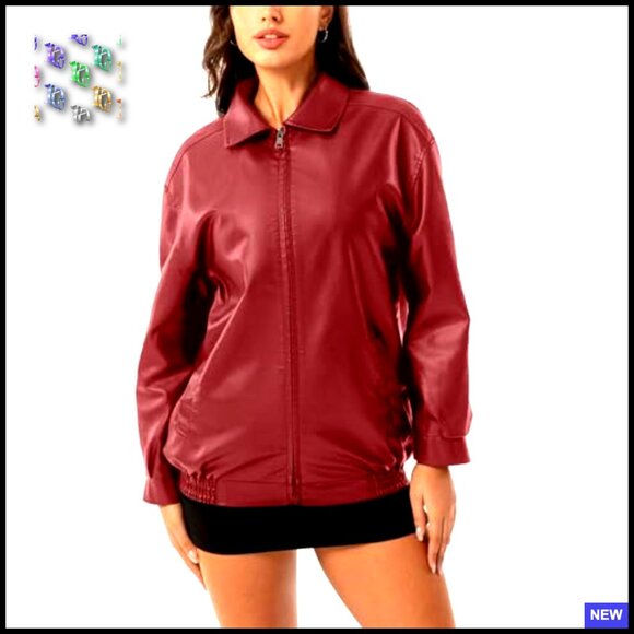 Oversized Faux Leather Bomber Jacket Y2K Chic Boyfriend Style Zip Up Moto - Picture 3 of 7